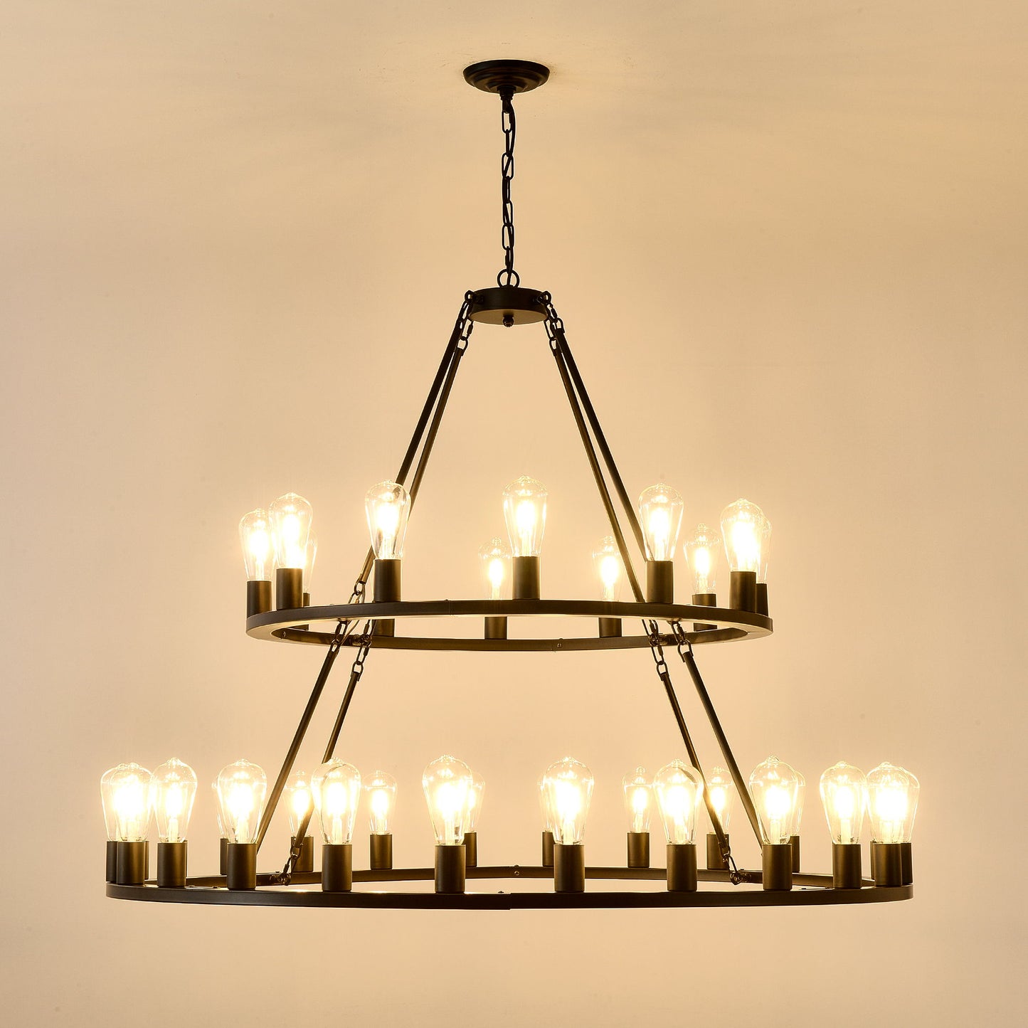 Extra Large Wagon Wheel Chandelier, 2 Tier 36 Lights (No Include) Farmhouse Industrial Round High Ceiling Pendant Light Adjustable Chain, For Dining Room, Living Room, Kitchen - Black