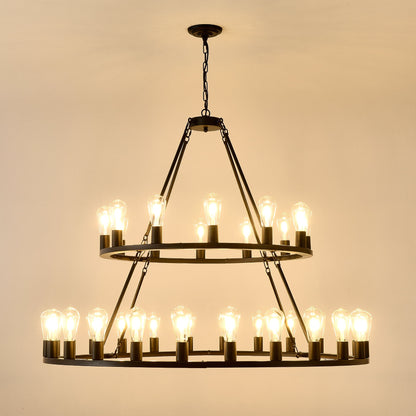 Extra Large Wagon Wheel Chandelier, 2 Tier 36 Lights (No Include) Farmhouse Industrial Round High Ceiling Pendant Light Adjustable Chain, For Dining Room, Living Room, Kitchen - Black