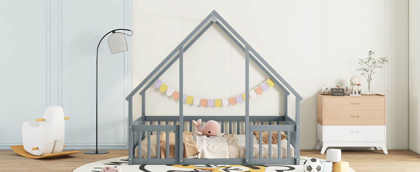 Full Wood House-Shaped Floor Bed With Fence, Guardrails - Gray