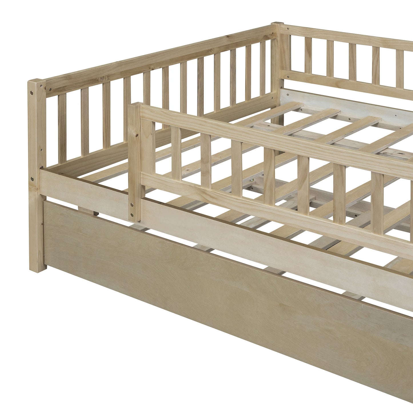 Full Size Daybed With Trundle And Fence Guardrails - Natural