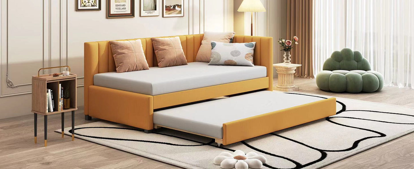 Upholstered Daybed With Trundle Twin Size Sofa Bed Frame No Box Spring Needed, Linen - Yellow