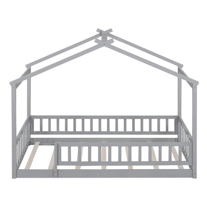 Twin Size Bed House Bed Frame With Fence - Gray