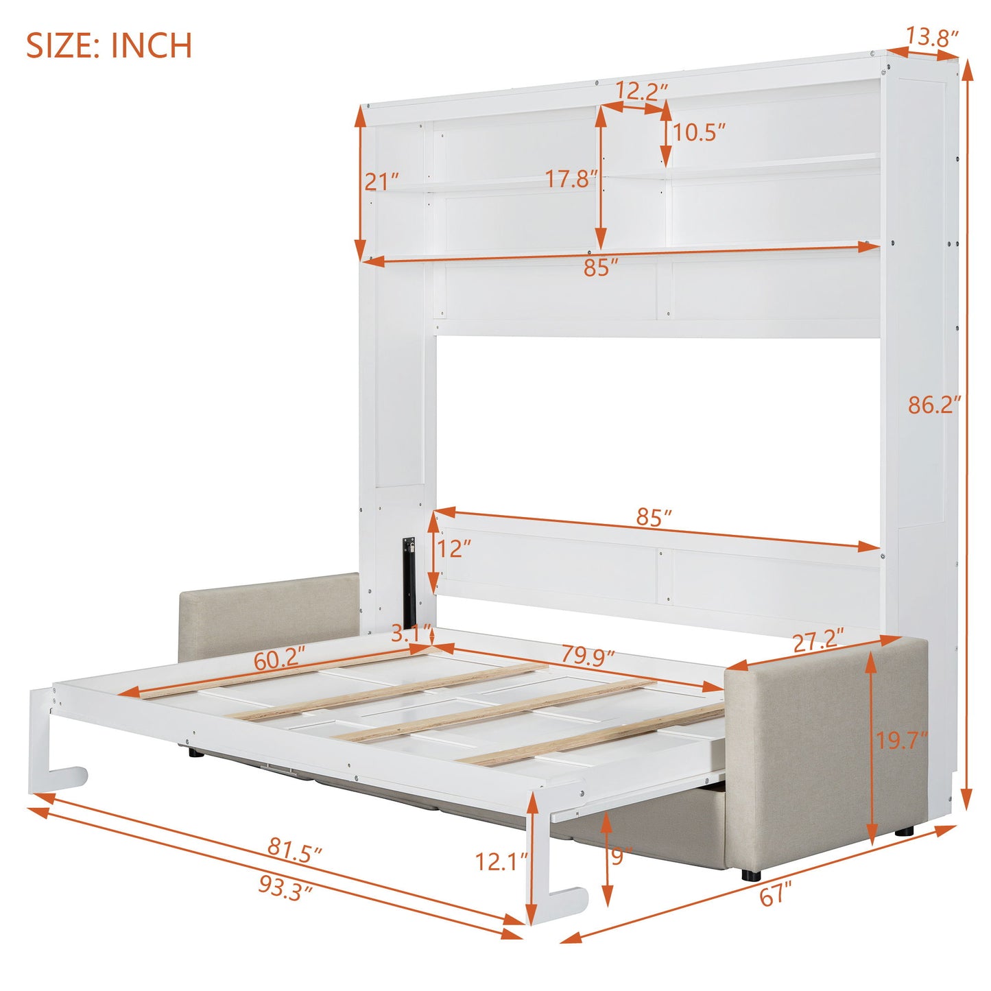 Queen Size Murphy Wall Bed With Sofa - White