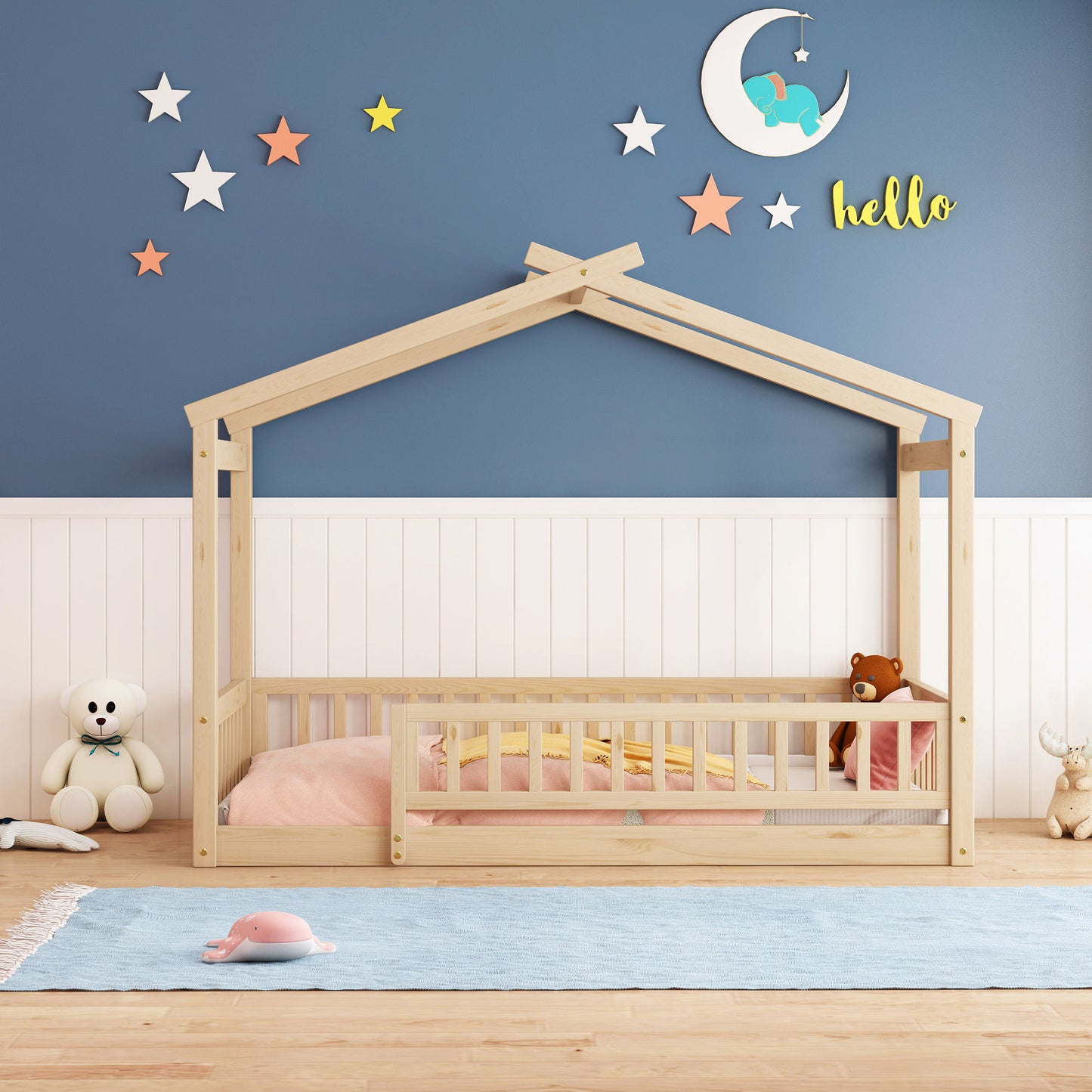 Twin Size Bed House Bed Frame With Fence - Natural