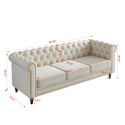 Chesterfield - Velvet Sofa 84.65" For Living Room - Beige