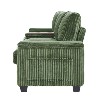 Modern 4 Seater Corduroy Sofa With USB Ports, Hidden Storage Arms, Flip Top Cup Holders - Green