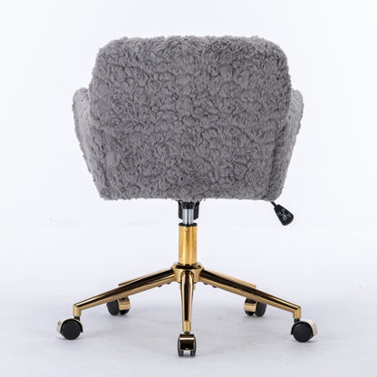 Office Chair, Artificial Rabbit Hair Home Office Chair With Golden Metal Base, Adjustable Desk Chair Swivel Office Chair, Vanity Chair - Gray