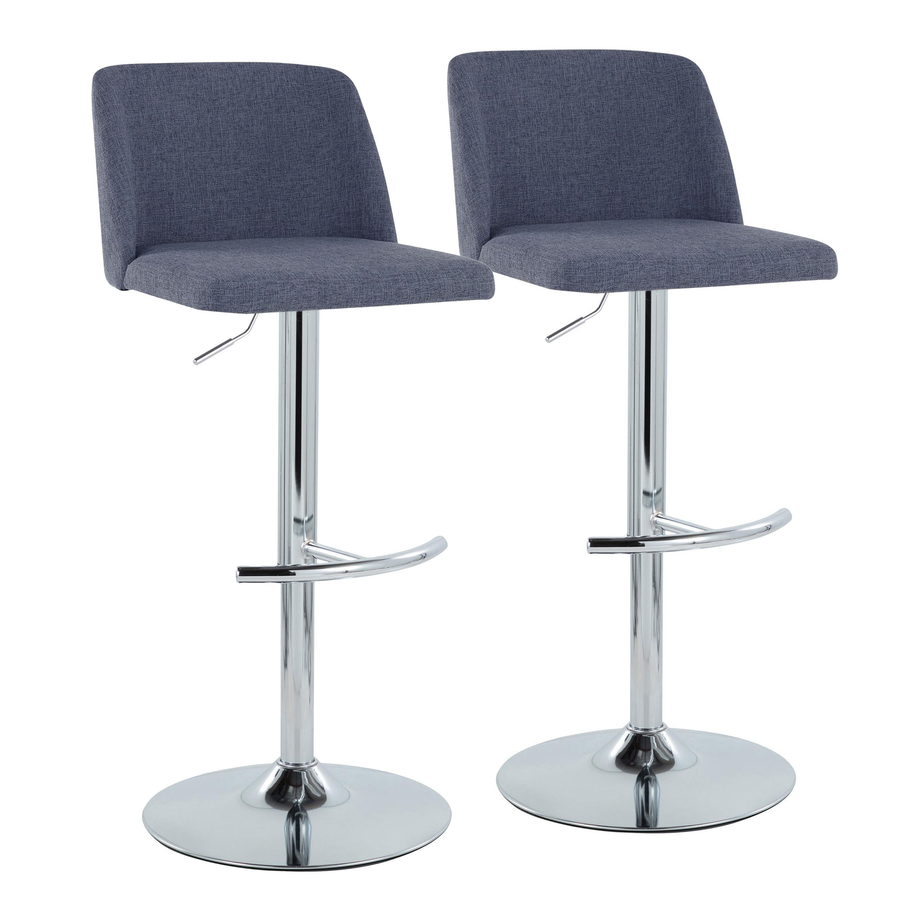 Toriano - Contemporary Adjustable Barstool With Swivel With Rounded T Footrest (Set of 2) - Blue / Chrome