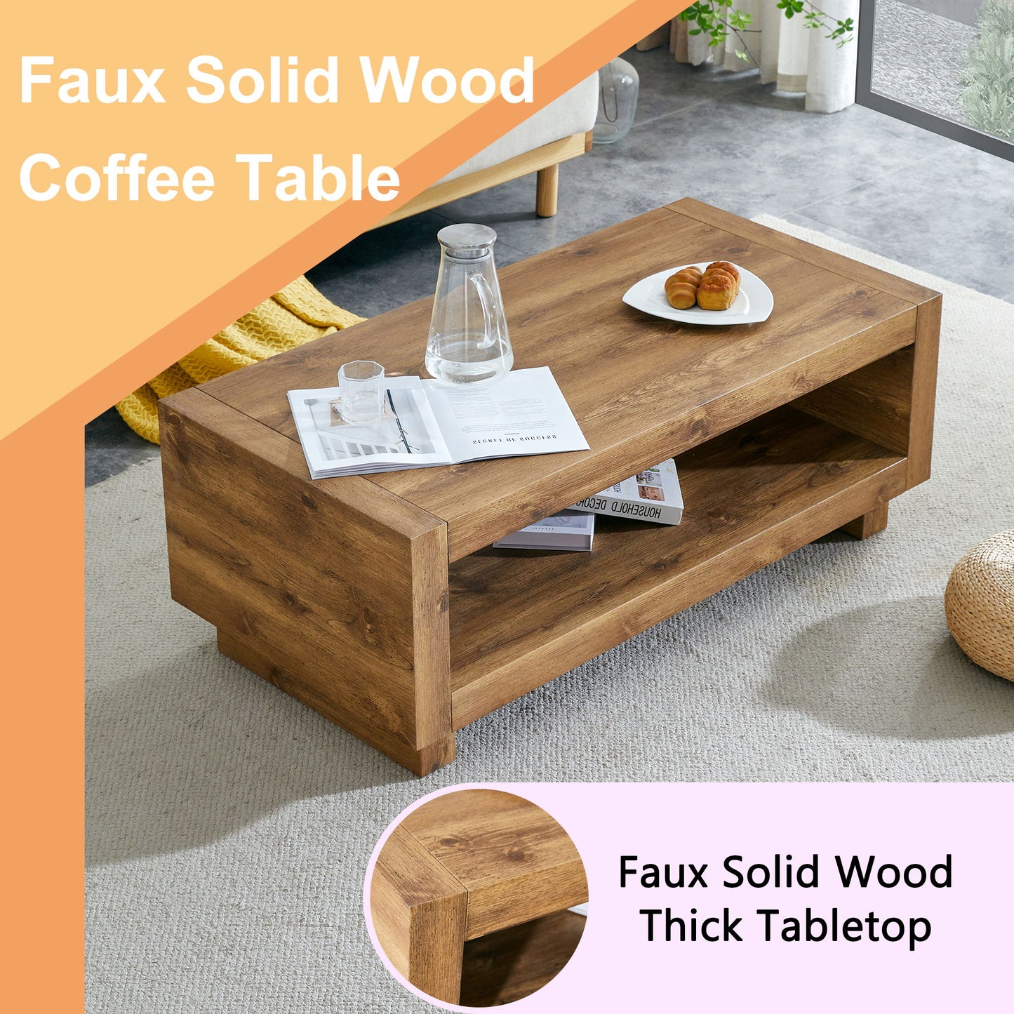 Modern Minimalist Rectangular Coffee Table Measuring Embodies The Simple Charm Of Mid Century Aesthetics, Adding A Touch Of Elegance To Your Living Room - Natural Wood