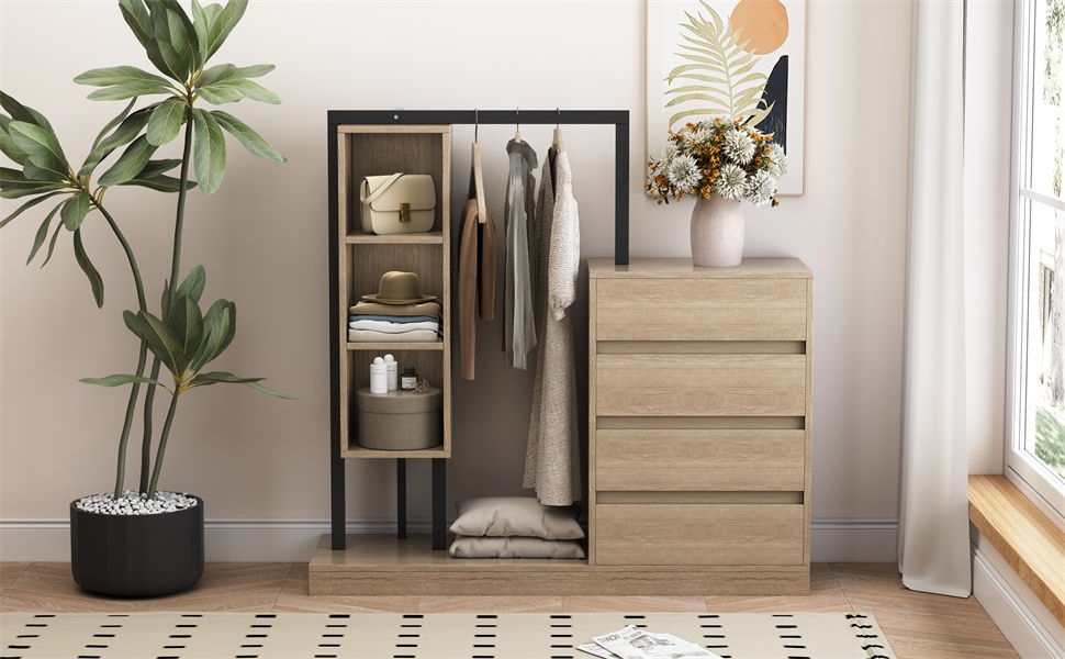 Wardrobe With 4 Drawers And 3 Shelves - Natural