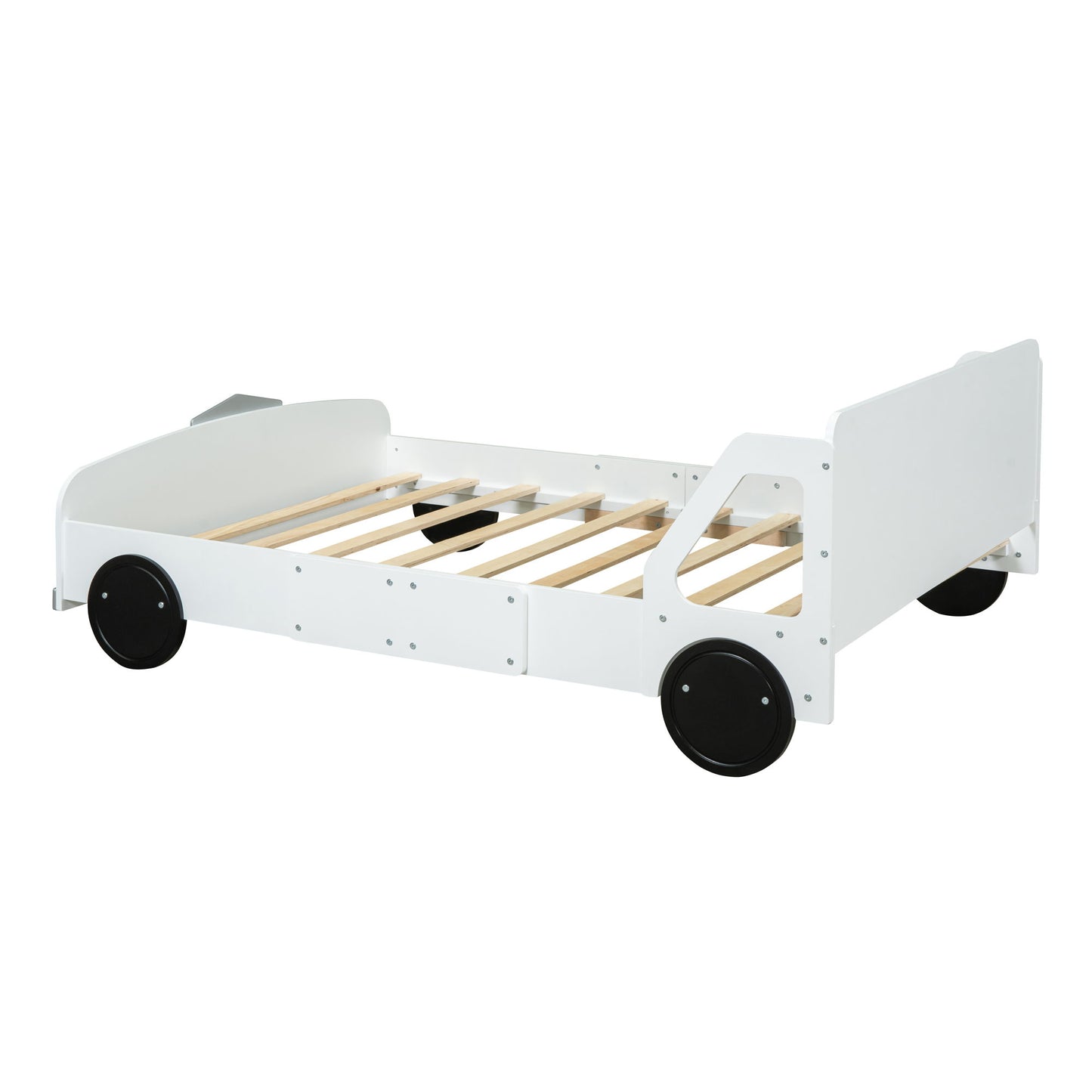 Full Size Car Shaped Platform Bed With Wheels - White