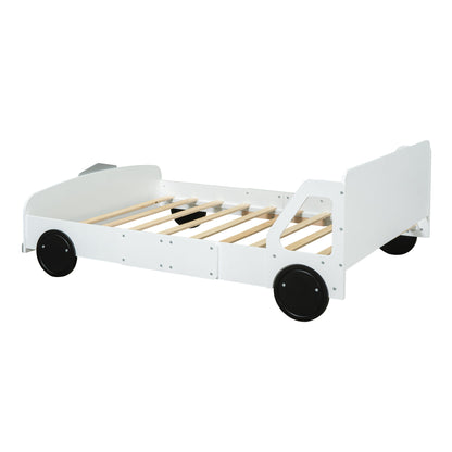 Full Size Car Shaped Platform Bed With Wheels - White