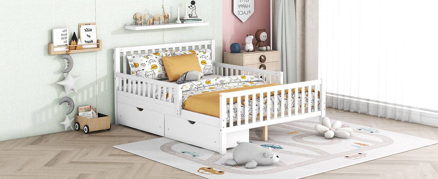 Full Size Platform Bed With Guardrails On Both Sides And 2 Storage Drawers - White