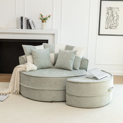 Modern Oversized Round Barrel Accent Chair With Ottoman Velvet Upholstered Lounge Armchair With 5 Pillows For Living Room Or Bedroom - Green