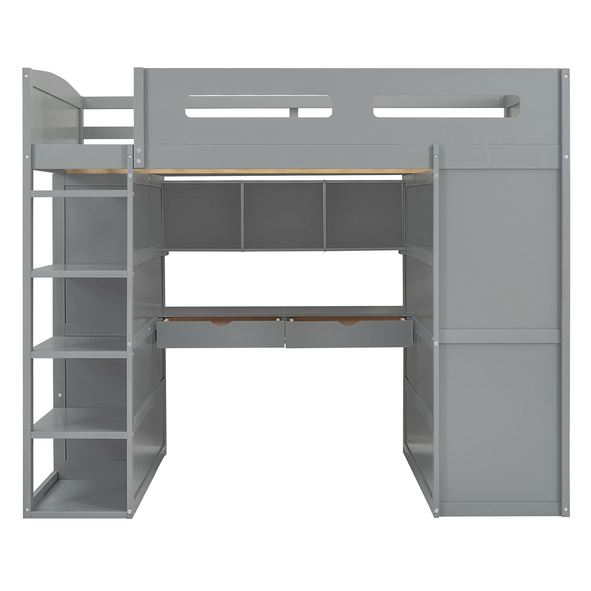 Full Size Loft Bed With Desk, Wardrobes, 4 Drawers And 4 Shelves - Gray