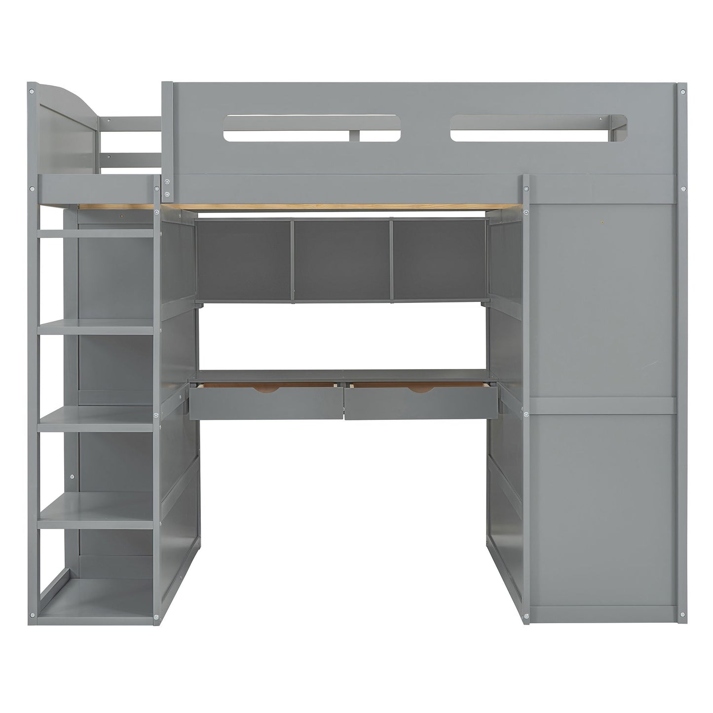 Full Size Loft Bed With Desk, Wardrobes, 4 Drawers And 4 Shelves - Gray