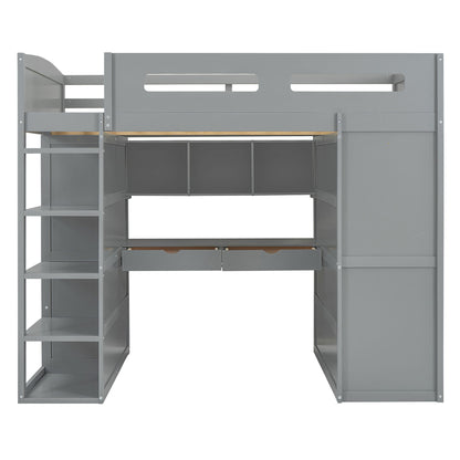 Full Size Loft Bed With Desk, Wardrobes, 4 Drawers And 4 Shelves - Gray