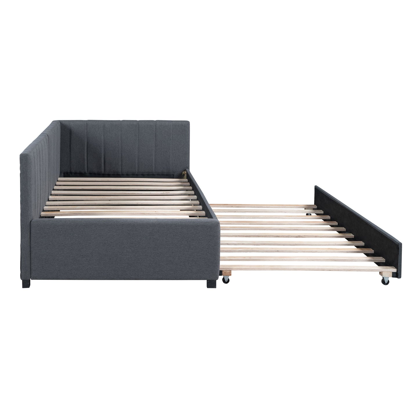 Upholstered Daybed With Trundle Twin Size Sofa Bed Frame No Box Spring Needed, Linen - Gray