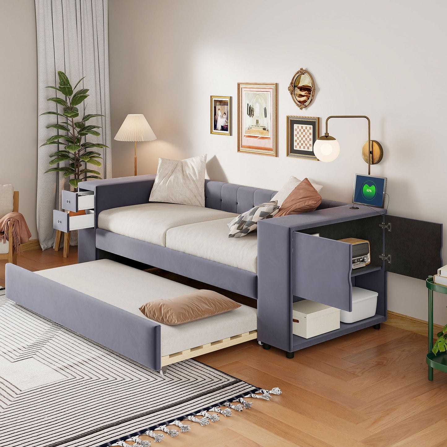 Twin Upholstered Bed With Storage And Twin Trundle, USB Charging Ports - Gray