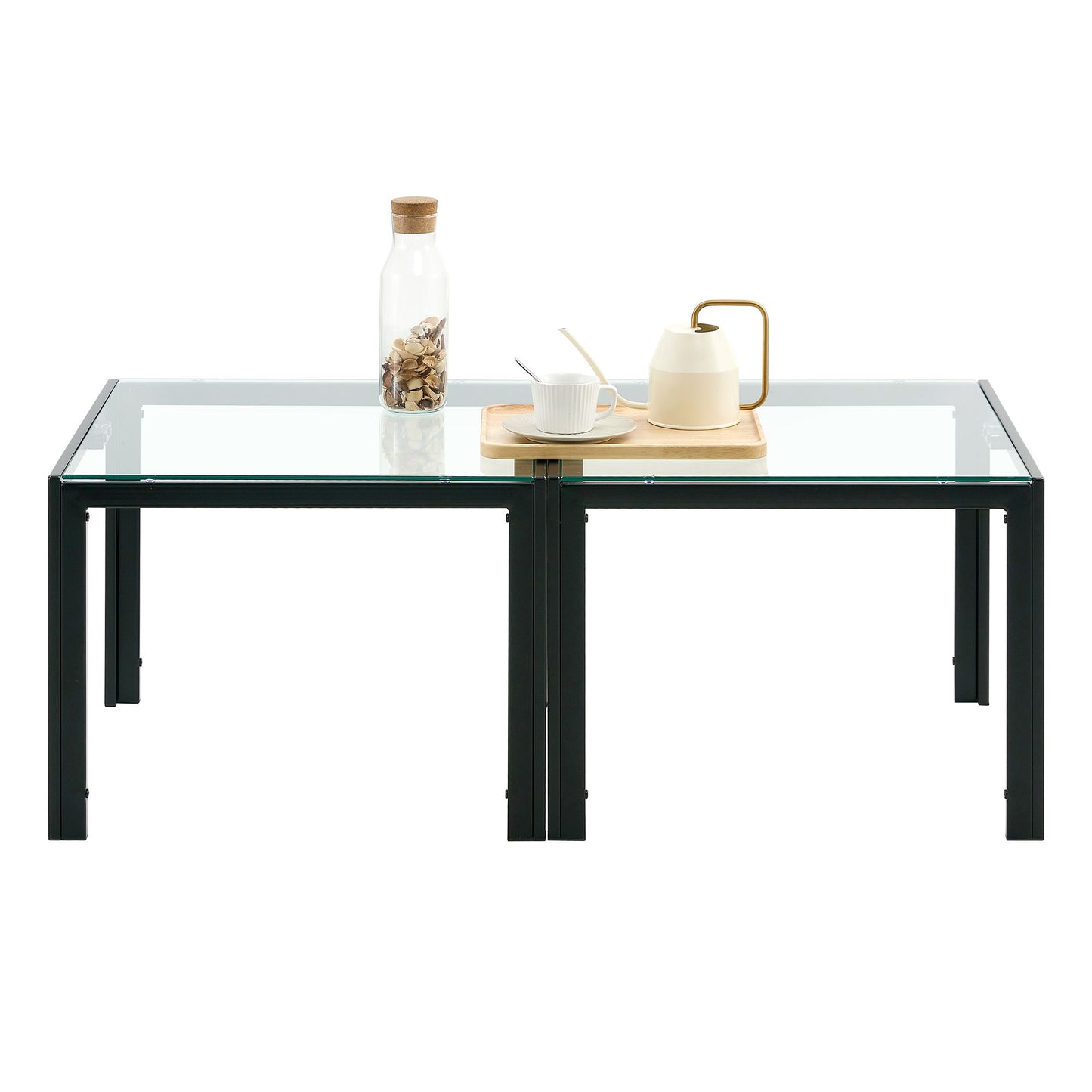 Coffee Table (Set of 2), Square Modern Table With Tempered Glass Finish For Living Room - Transparent / Black