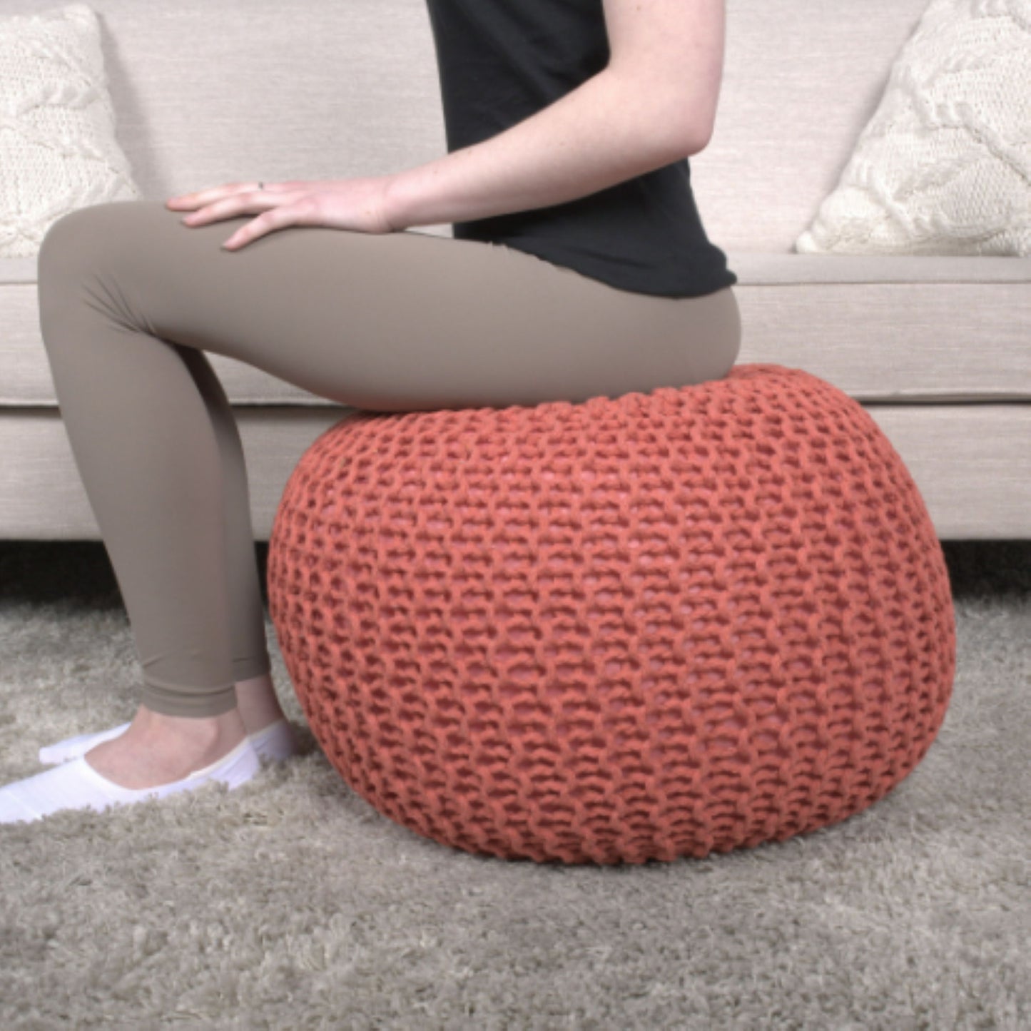 Bordeaux - Knitted Cotton Round Pouf, Versatile Ottoman And Cushion - Coral