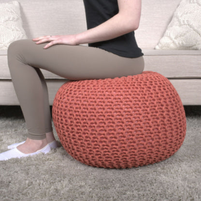 Bordeaux - Knitted Cotton Round Pouf, Versatile Ottoman And Cushion - Coral