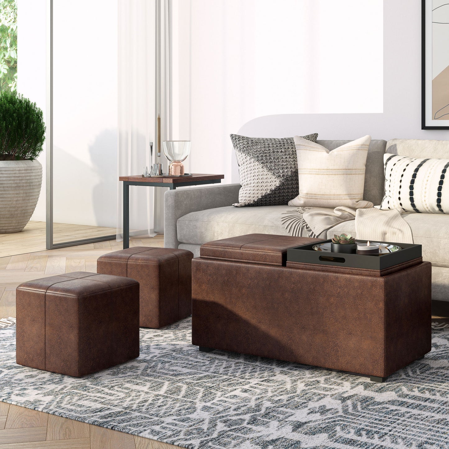 Avalon - 5 Piece Storage Ottoman - Distressed Chestnut Brown