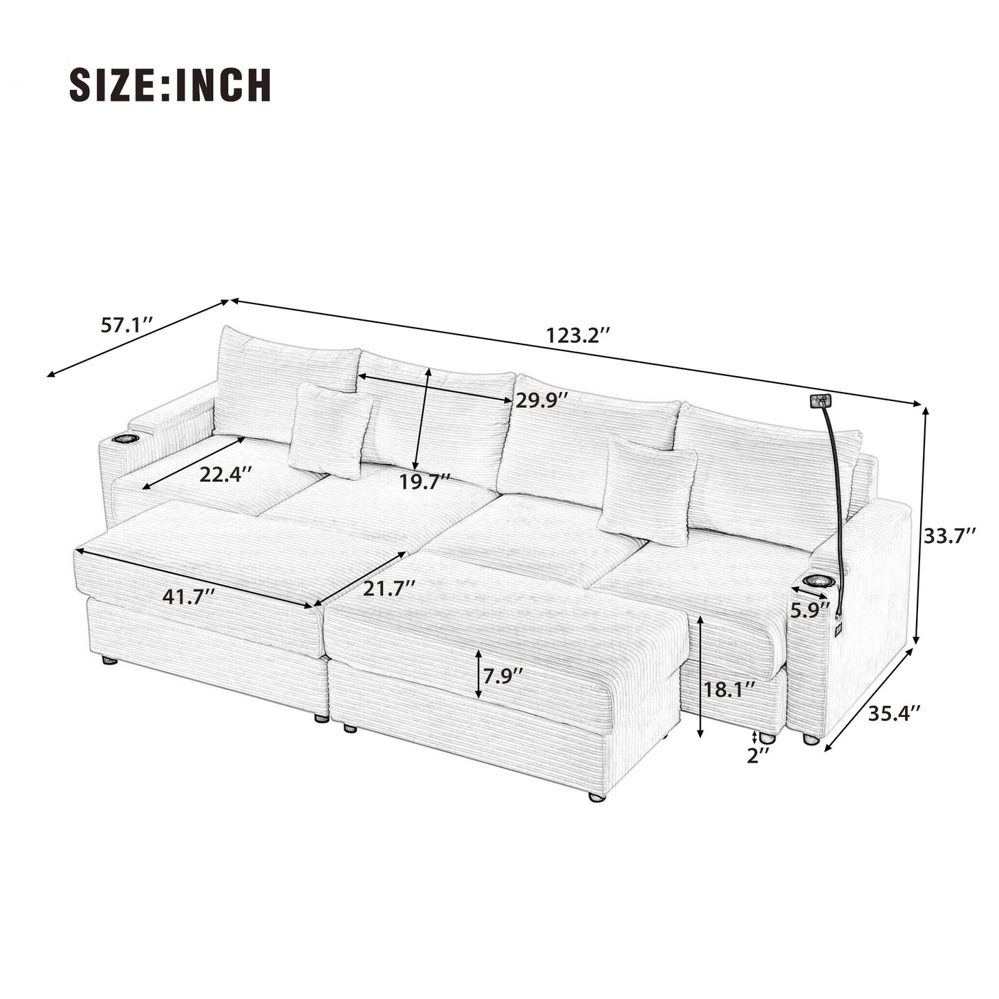 Modern Style 4 - Seater Sofa Sectional Sofa Couch With Storage Space, Two Movable Ottomans, Two USB Ports, Two Cup Holders, A Phone Holder For Living Room - Gray