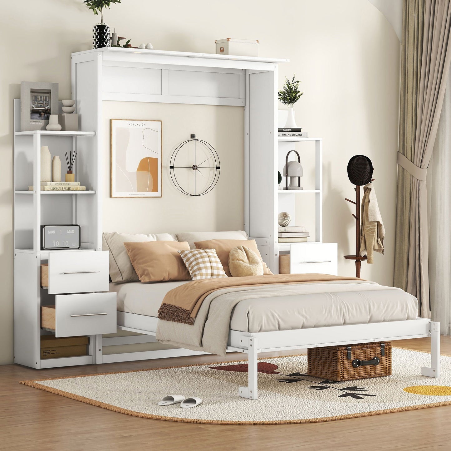 Full Size Murphy Wall Bed With Shelves, Drawers And LED Lights - White