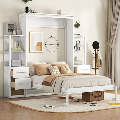 Full Size Murphy Wall Bed With Shelves, Drawers And LED Lights - White