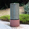 Tall Large Modern Cylinder Ribbed Tower Water Fountain With Rustic Base, Contemporary Antique Green Copper Outdoor Bird Feeder / Bath Cement Fountain - Antique Green
