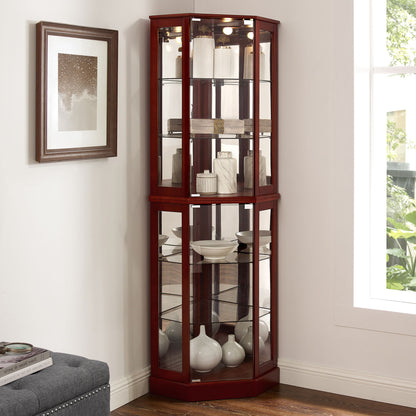 6 Shelf Corner Curio Display Cabinet With Lights, Mirrors And Adjustable Shelves (E26 Light Bulb Not Included) - Cherry