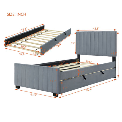 Twin Size Upholstered Platform Bed With Twin Size Trundle - Gray