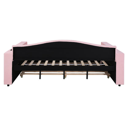 Full Size Upholstered Daybed With Storage Armrests, Trundle And Latest Integrated Bluetooth Audio System, Teddy Fleece - Pink