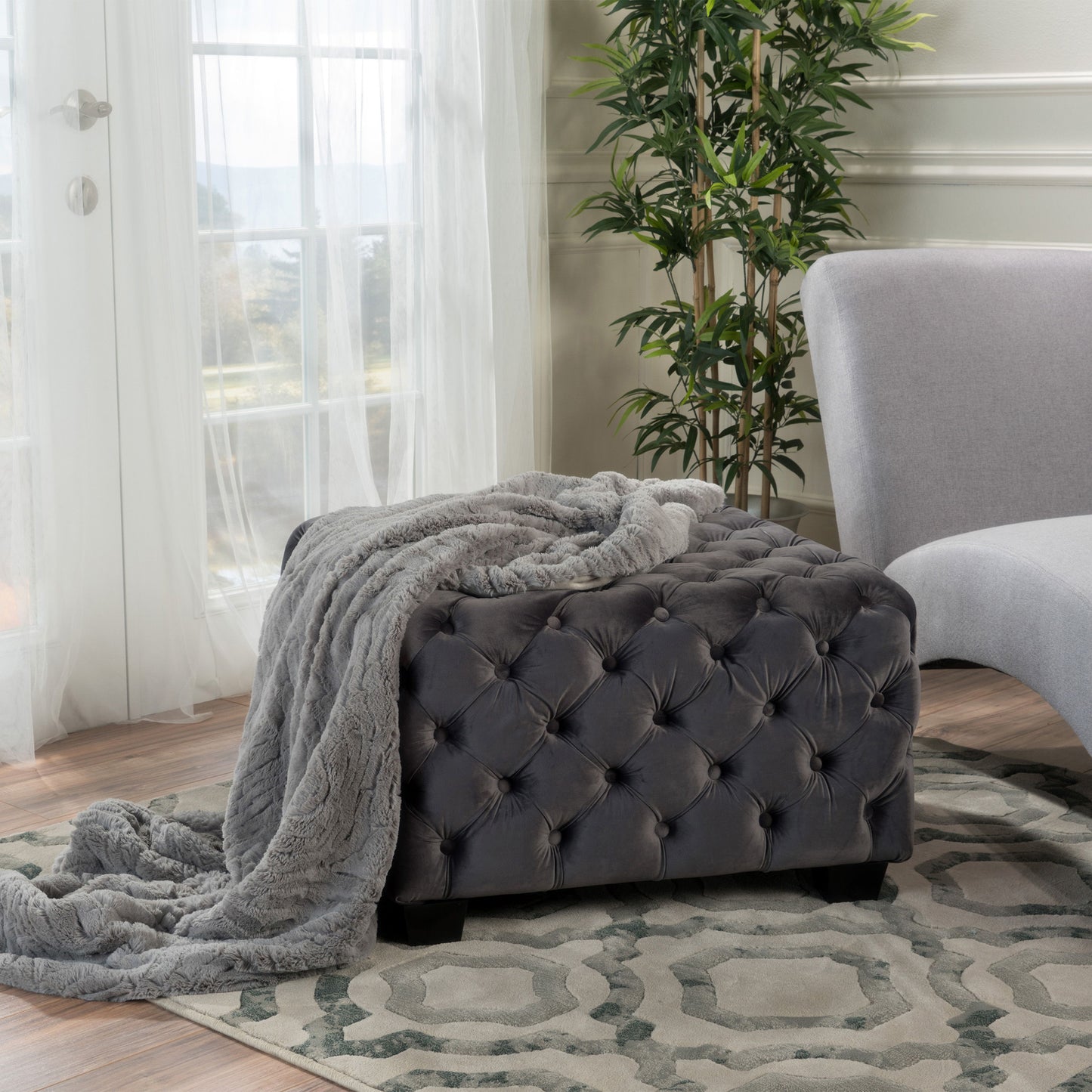 Modern Glam Velvet Ottoman With Button Tufted Diamond Stitch Design - Gray