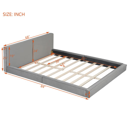 Queen Size Upholstered Platform Bed, Grounded Bed With Solid Frame - Gray