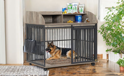 44'' Heavy Duty Large Dog Crate Furniture For Large Medium Dog With Lockable Wheels, Wooden Dog Crate Dog Kennel, End Table Crate With Double Layer Storage - Gray