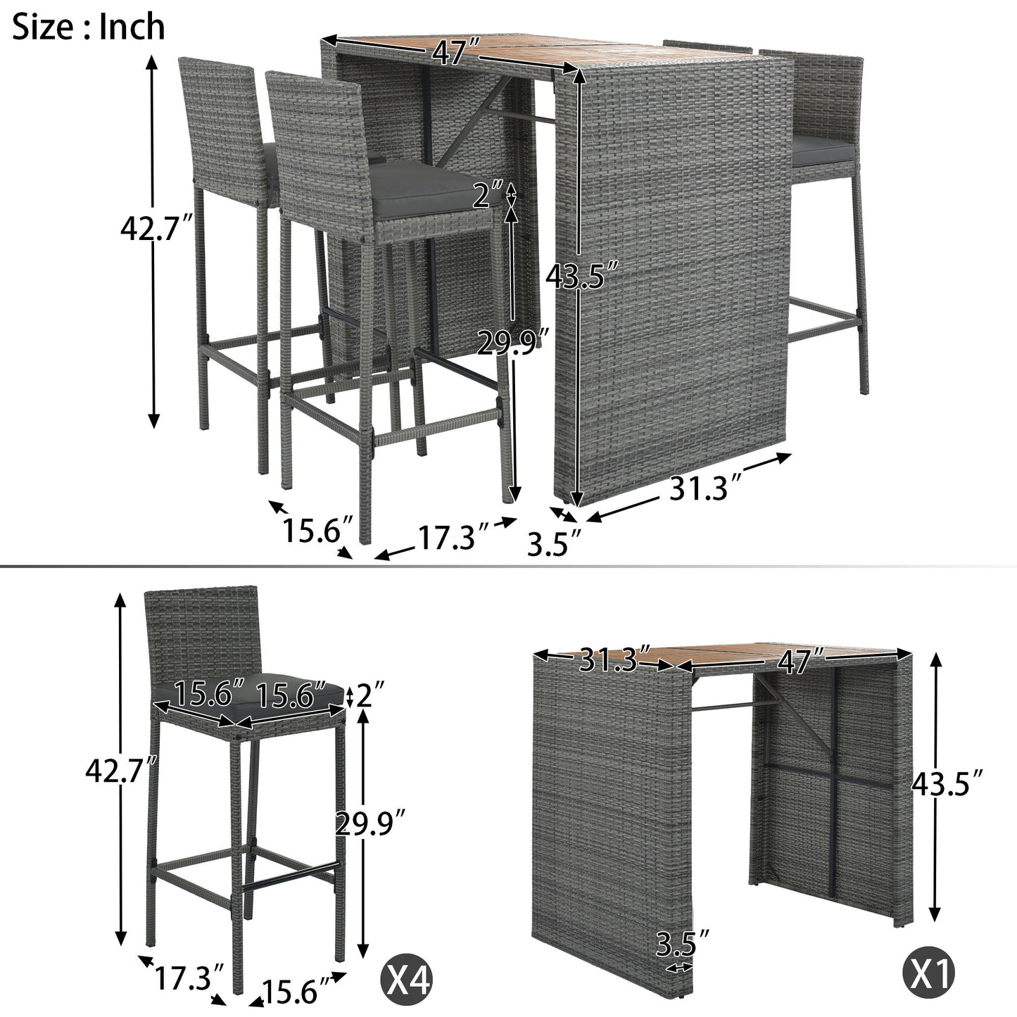 5 Pieces Outdoor Patio Wicker Bar Set, Bar Height Chairs With Non-Slip Feet And Fixed Rope, Removable Cushion, Acacia Wood Table Top - Brown / Gray