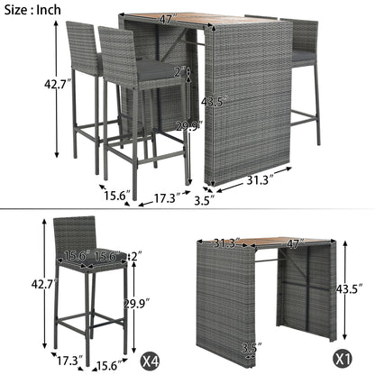 5 Pieces Outdoor Patio Wicker Bar Set, Bar Height Chairs With Non-Slip Feet And Fixed Rope, Removable Cushion, Acacia Wood Table Top - Brown / Gray