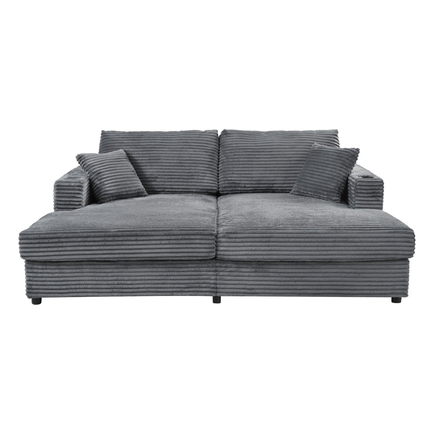 Oversized Loveseat Chaise Lounge Sectional Sofa Bed Corduroy Sleeper Sofa With 2 USB Ports, 2 Cup Holders And 2 Throw Pillows For Living Room And Bedroom - Dark Gray