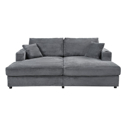 Oversized Loveseat Chaise Lounge Sectional Sofa Bed Corduroy Sleeper Sofa With 2 USB Ports, 2 Cup Holders And 2 Throw Pillows For Living Room And Bedroom - Dark Gray