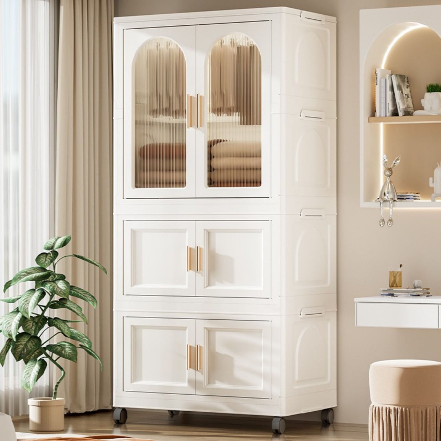 Side Wide Folding Wardrobe, With Magnetic Door, Plastic Storage Cabinet With Wheels (1 Layer Of Wardrobe + 2 Layers Of Folding Boxes + 10 Hangers) - Cream White