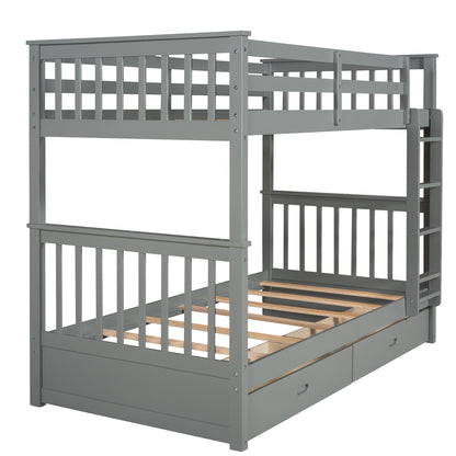 Twin Over Twin Bunk Bed With Ladders And 2 Storage Drawers - Gray