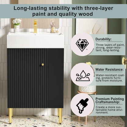 Bathroom Vanity, Combo Cabinet, Bathroom Storage Cabinet, Single Ceramic Sink, Right Side Storage - Black