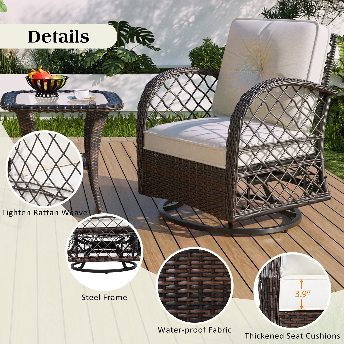 3 Piece Outdoor Chair & Table Set Chat Set 2 Person Rattan Seating Group With 2 Swiveling And Rocking Chairs And A Square Table For Garden, Patio, Or Balcony - Brown