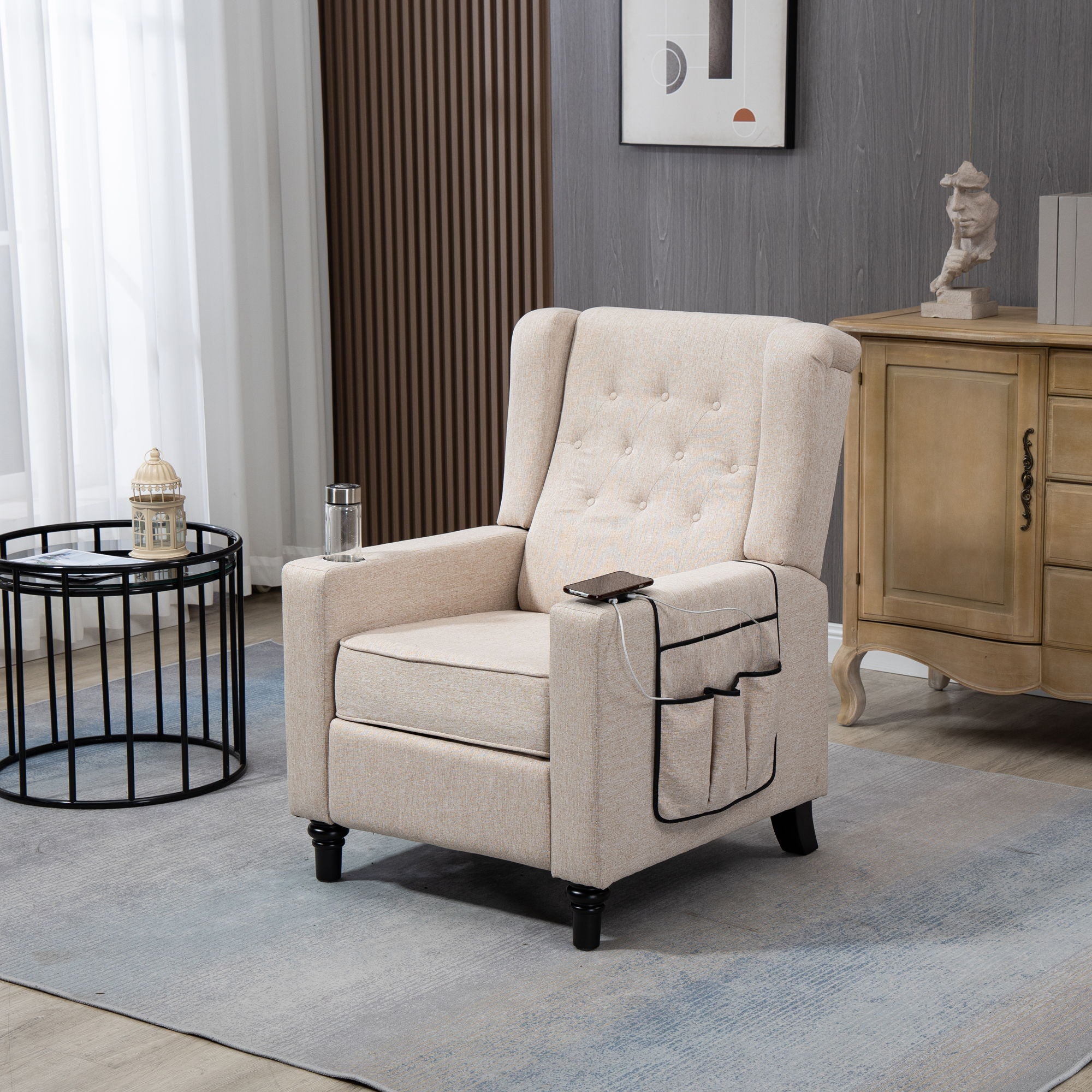 Arm Pushing Recliner Chair, Modern Button Tufted Wingback Push Back Recliner Chair, Living Room Chair Fabric Pushback Manual Single Reclining Sofa Home Theater Seating For Bedroom - Khaki / Yellow