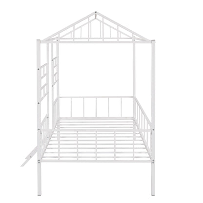 House Bed Frame Twin Size With Slatted Support No Box Spring Needed - White