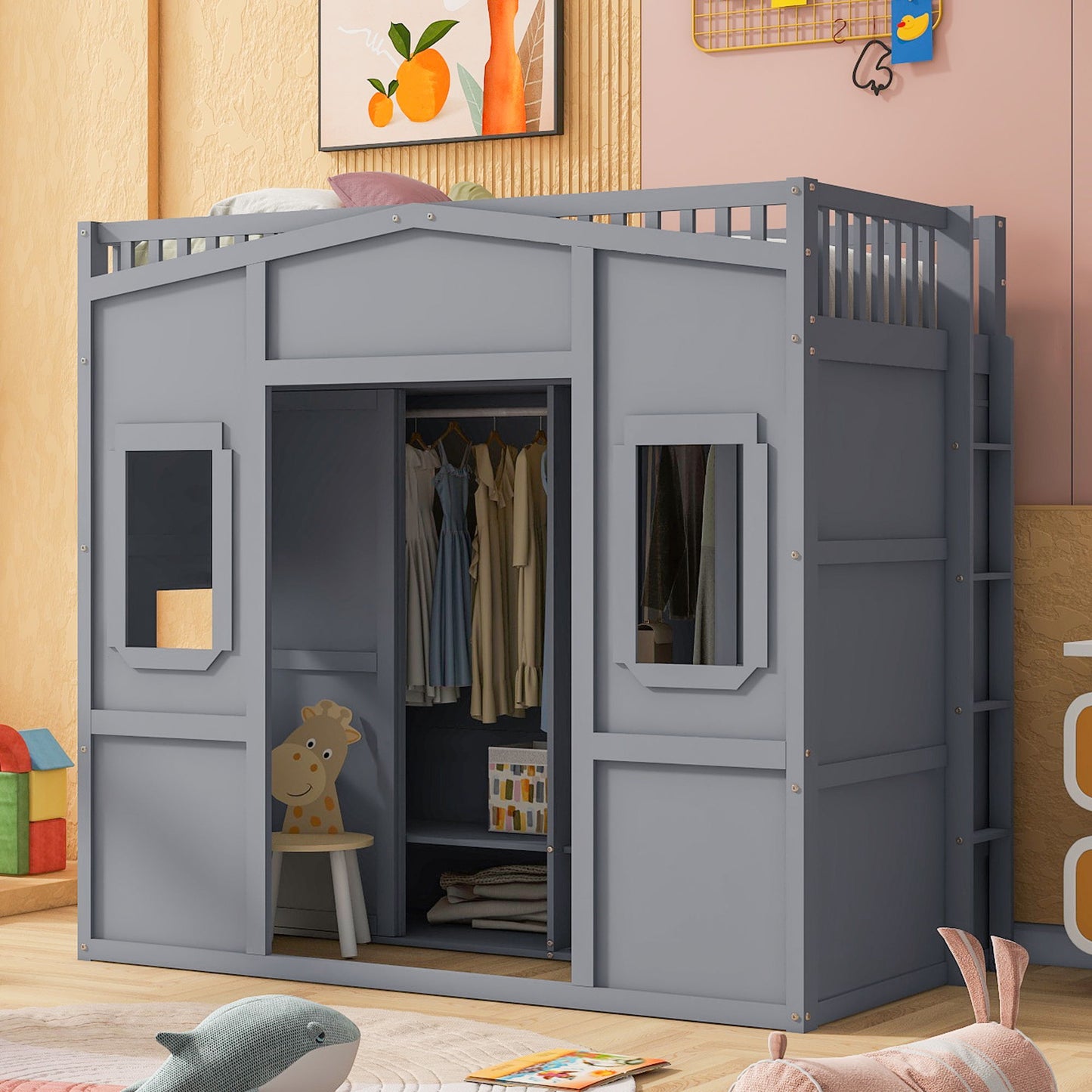 Twin Size House Loft Bed With Ladder And Wardrobe - Gray