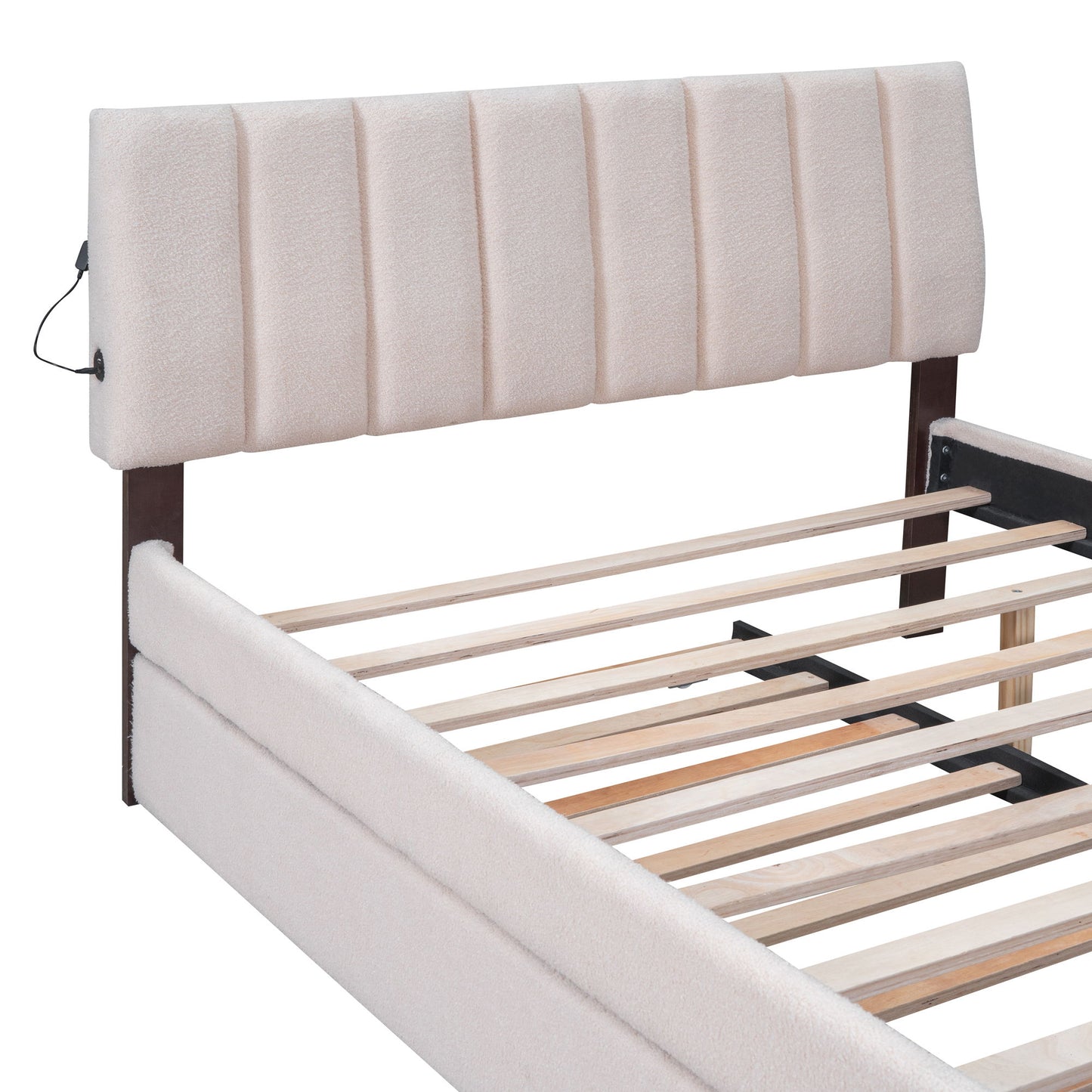 Full Size Upholstered Platform Bed With Twin Size Trundle - Beige