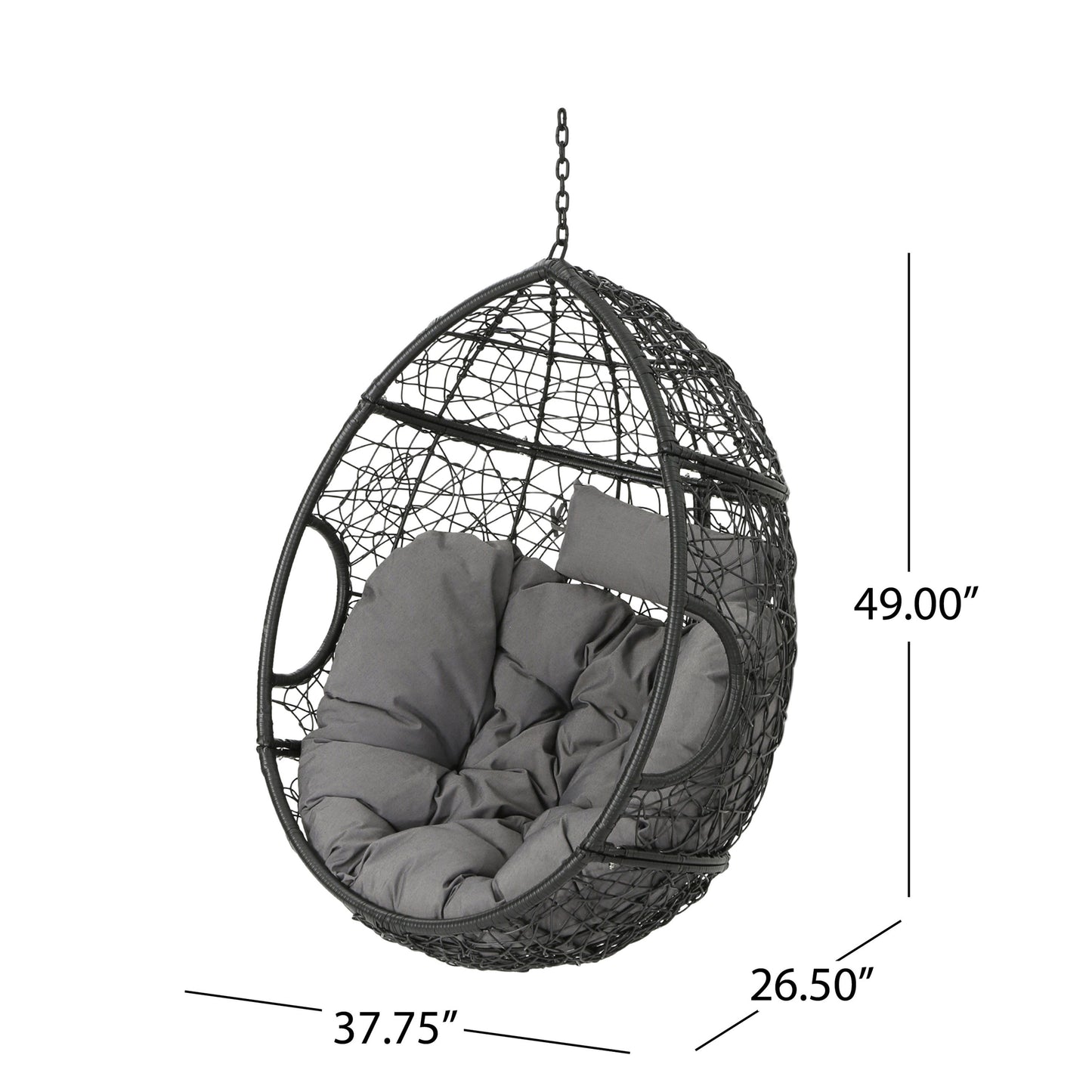 Kylie - Boho Style Hanging Basket Chair Rattan With Water Resistant Cushions - Gray